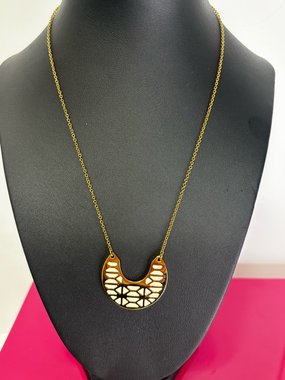 Stella & Dot Gold Crescent Pendant Necklace with Light Blue Mosaic
